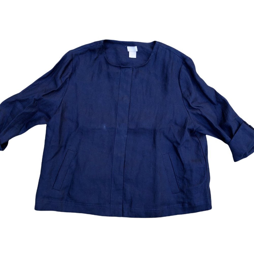 CHICO'S 100% Linen Blue Jacket Coat Women's 12/14P No Show Button Long Sleeve‍‍
